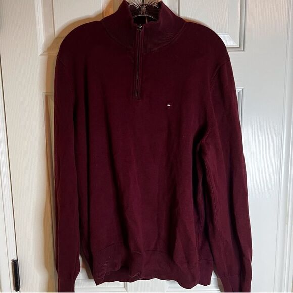 Tommy Hilfiger Mens Half Zip Burgundy Pull Over Warm Heavy Sweater Size Large - Picture 1 of 5